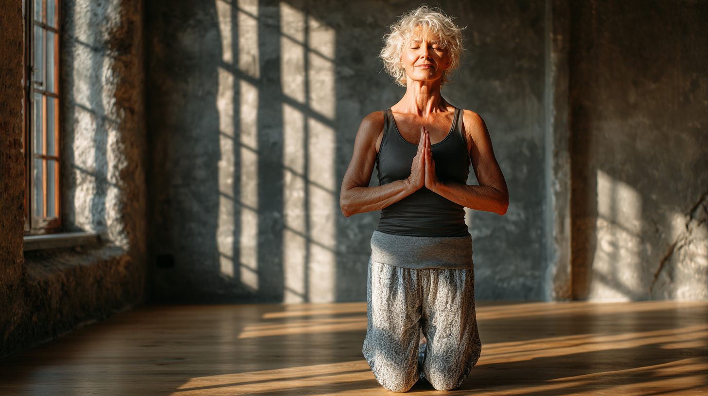 Старша пара займається йогою на природі