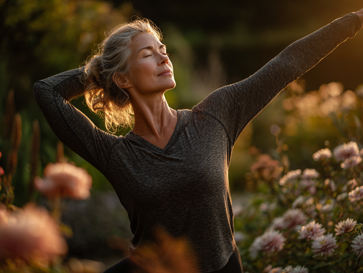 Усміхнена старша жінка п'є воду на світлій кухні